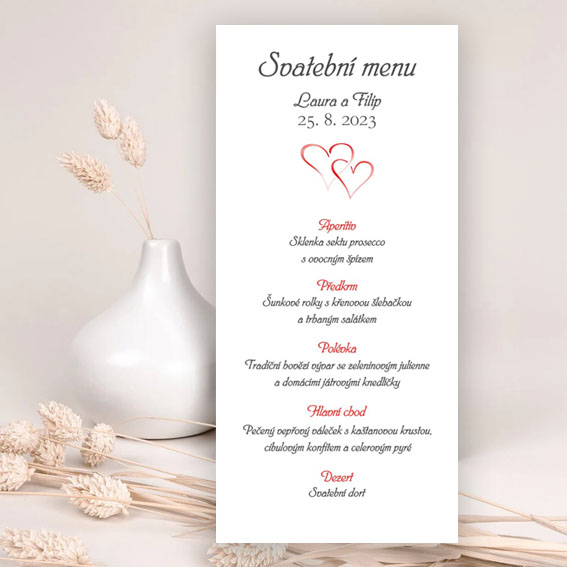 Wedding menu with embossed red hearts