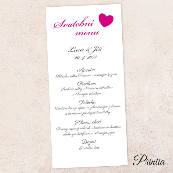 Wedding menu with fuchsia heart
