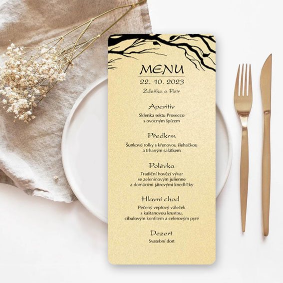 Romantic wedding menu couple under the tree 