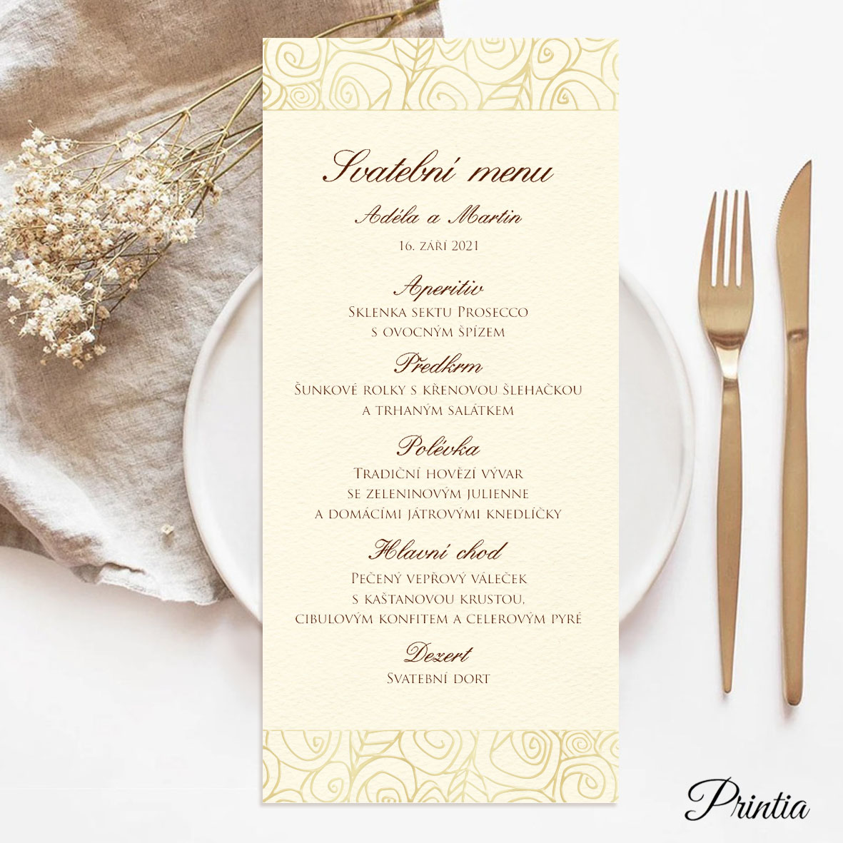 Svatební menu ornament stylizovaných květin