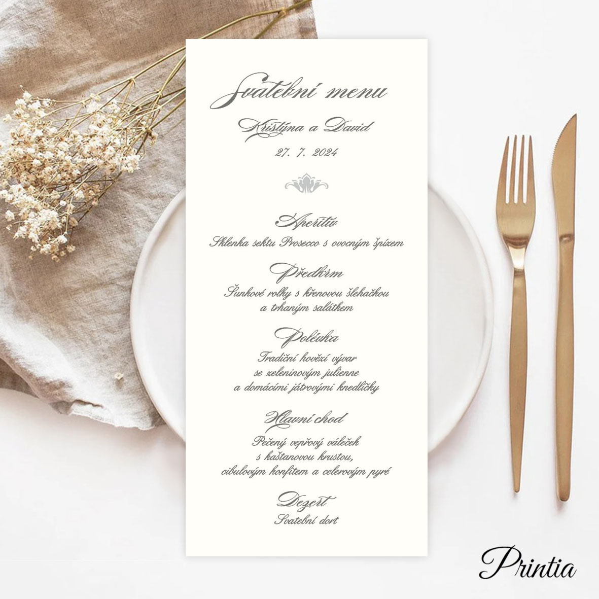 Wedding menu with blue ornament