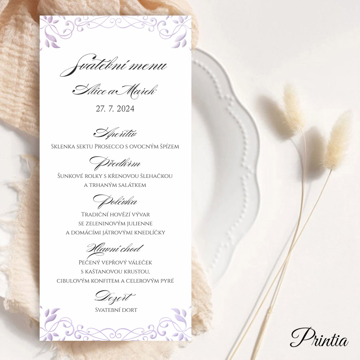 Svatební menu s lesklým fialovým ornamentem