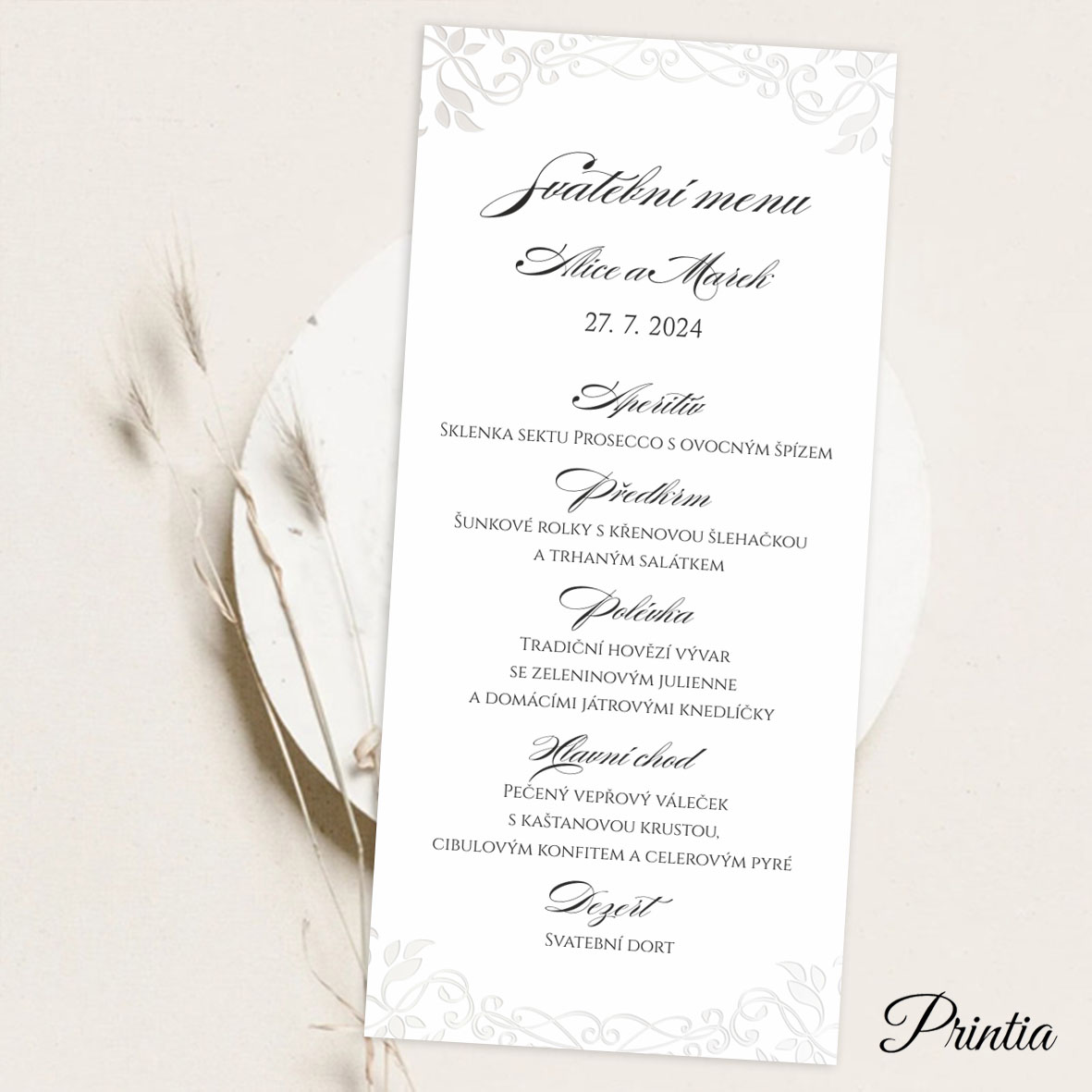 Wedding menu with pearl embossing