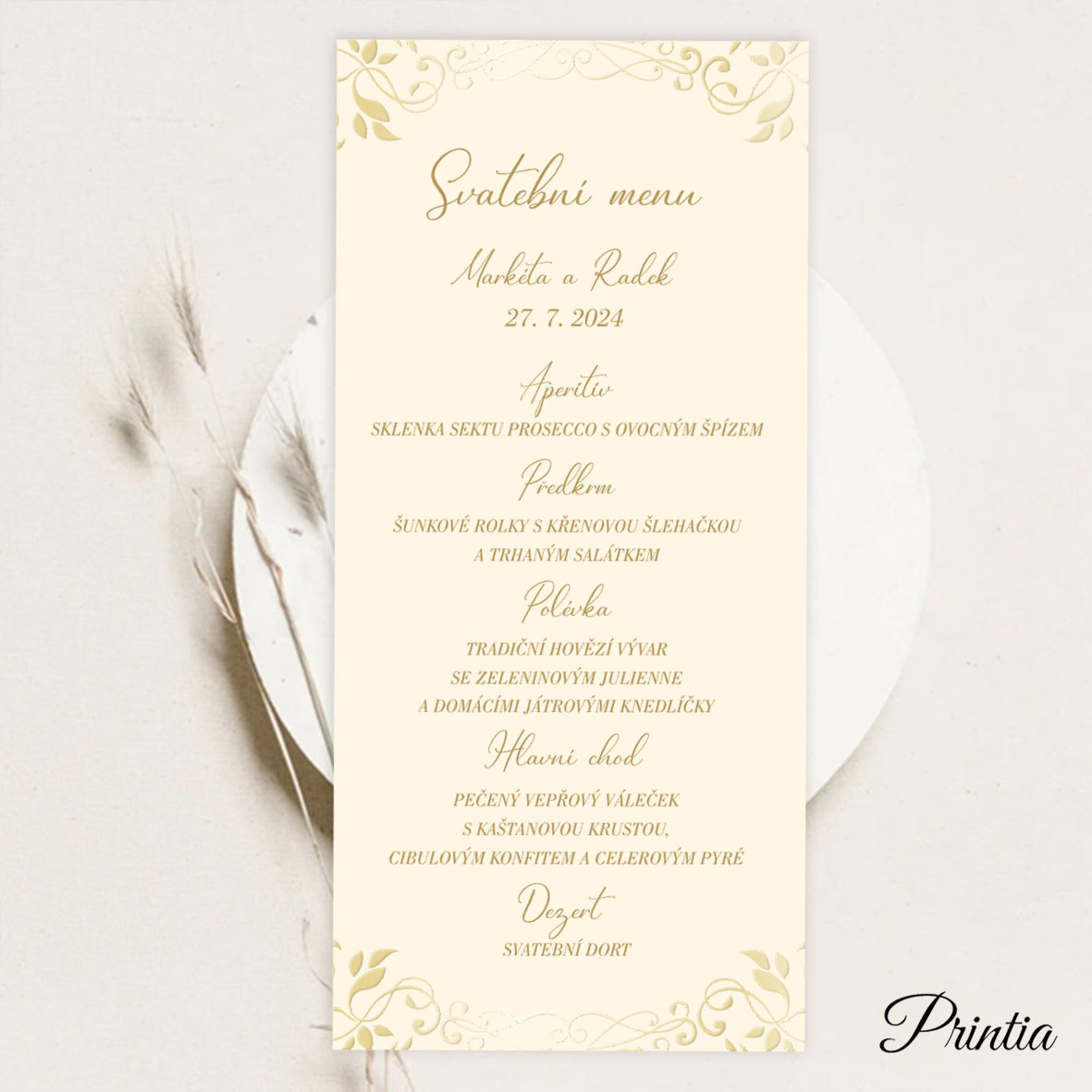 Krémové svatební menu s ražbou