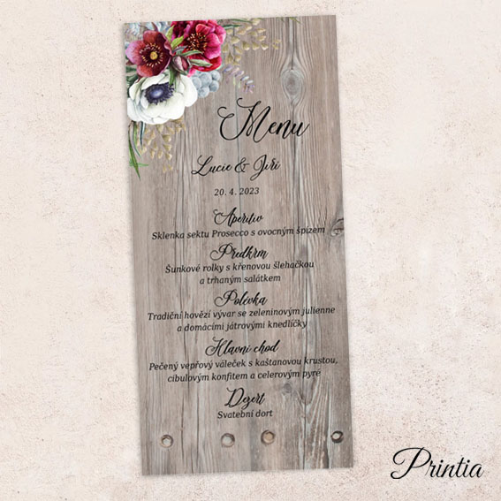 Wedding menu flowers on wooden background