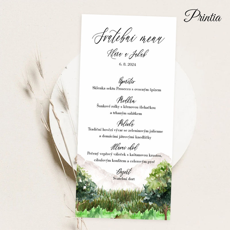 Wedding menu with a forest and mountain theme