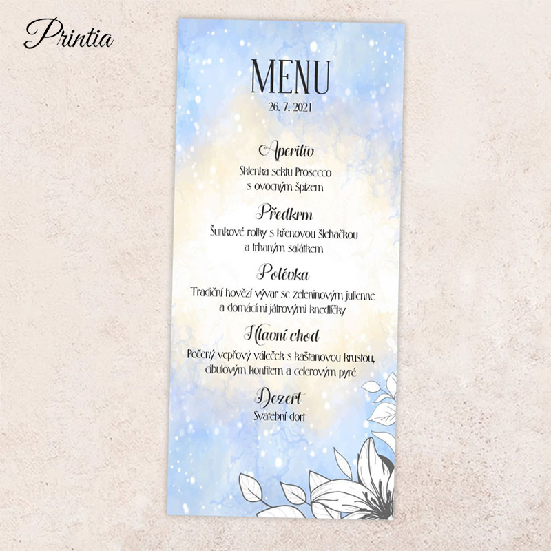 Wedding menu with a drawing of flowers