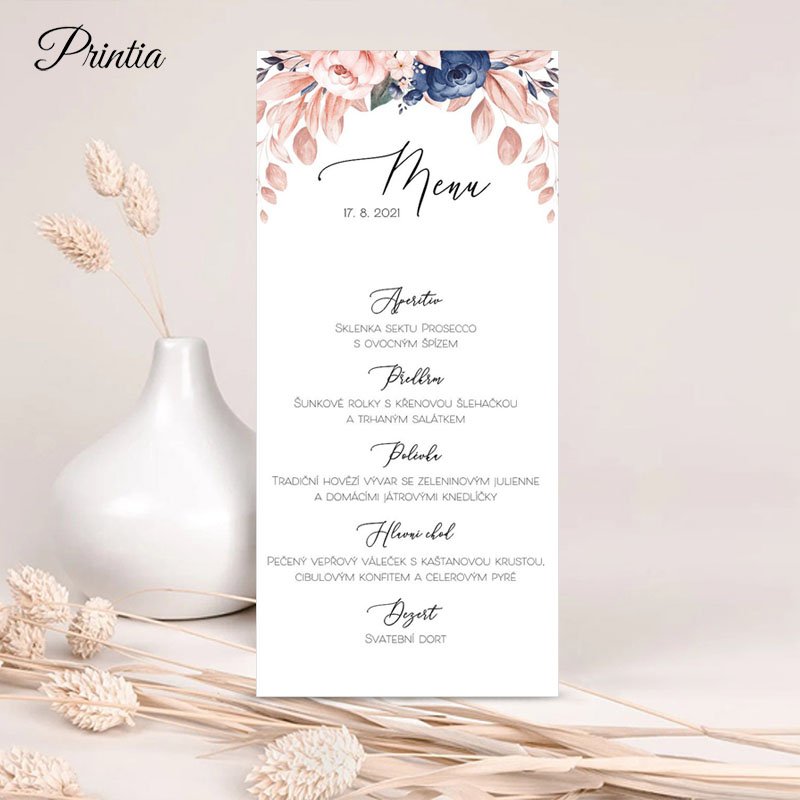 Modro-ružové svadobné menu