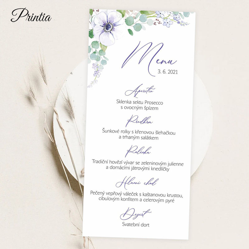 Wedding menu with bright flowers
