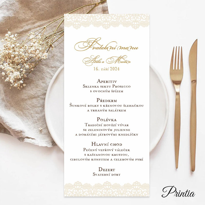 Wedding menu with printed lace