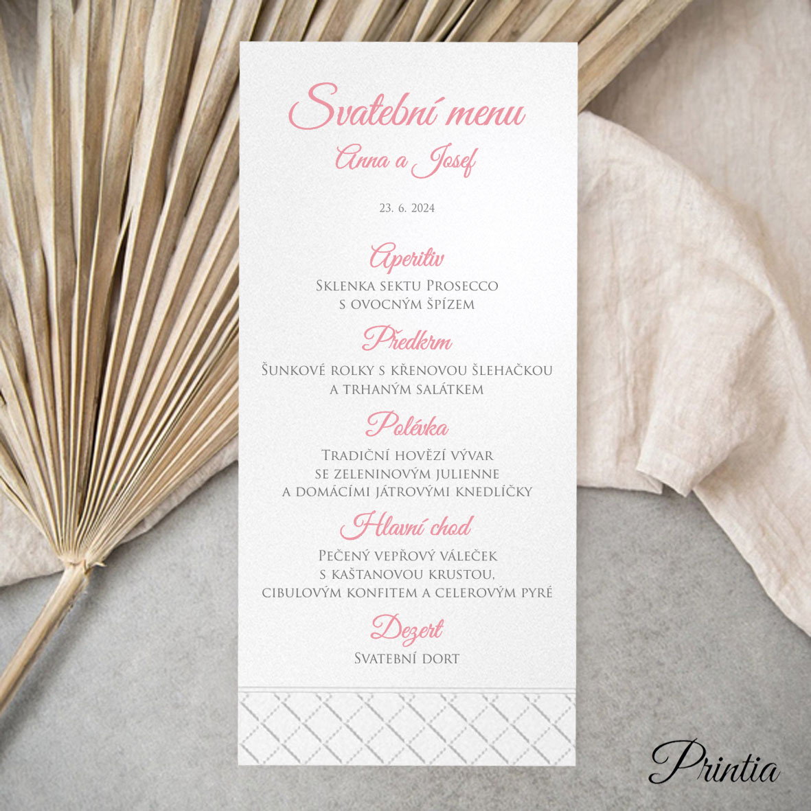 Svatební menu s vytlačenými ornamenty