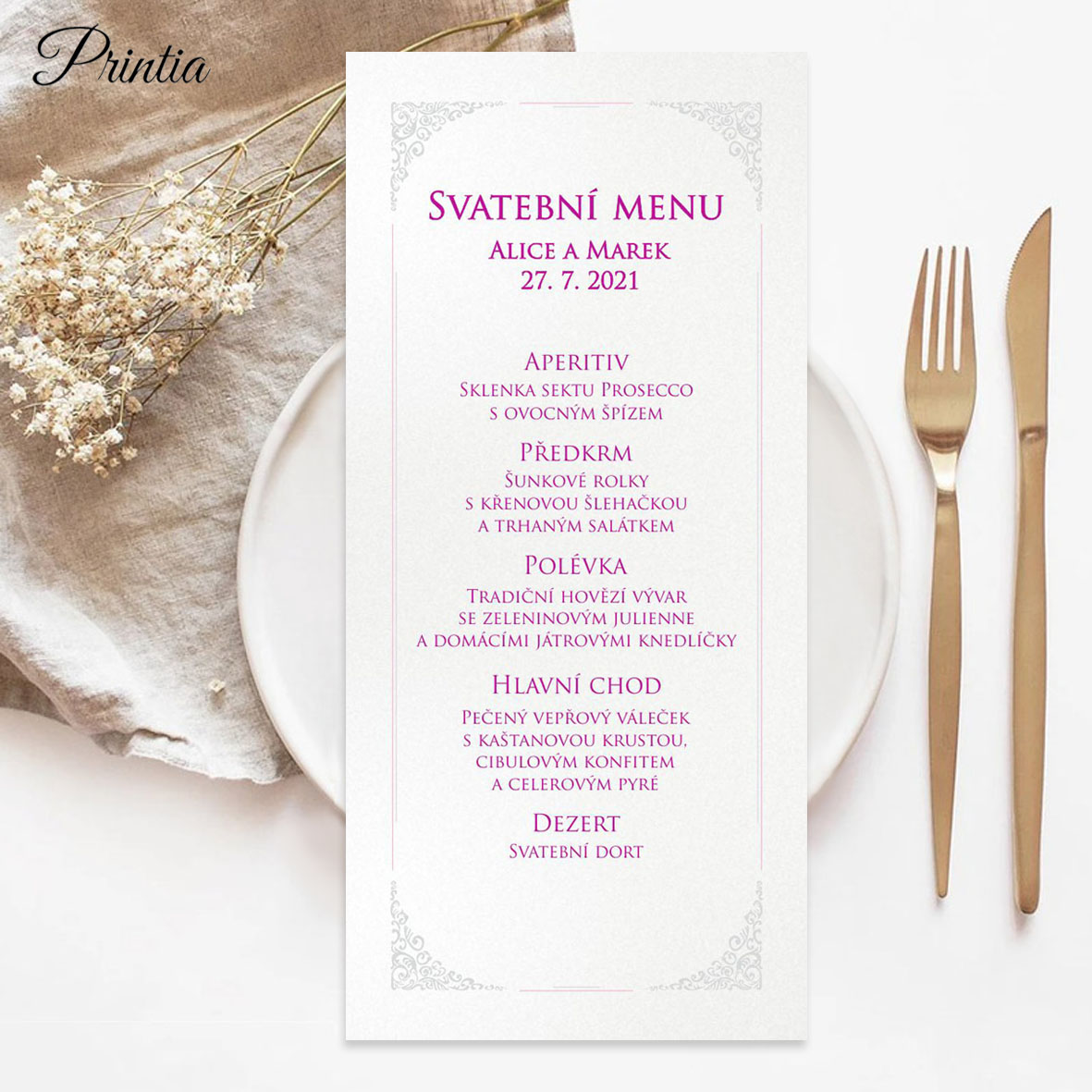 Svadobné menu na perleťovom papieri