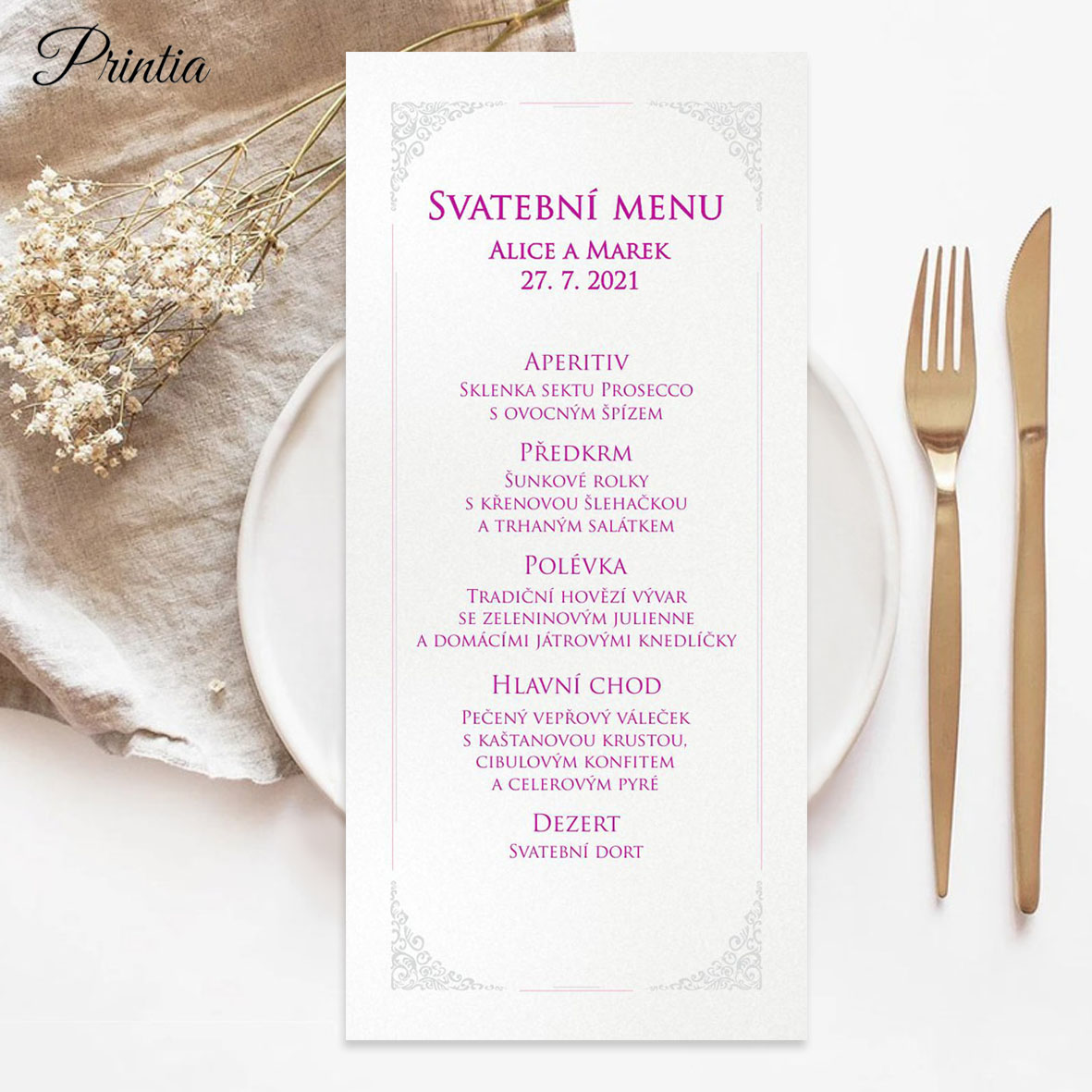 Svatební menu na perleťovém papíře