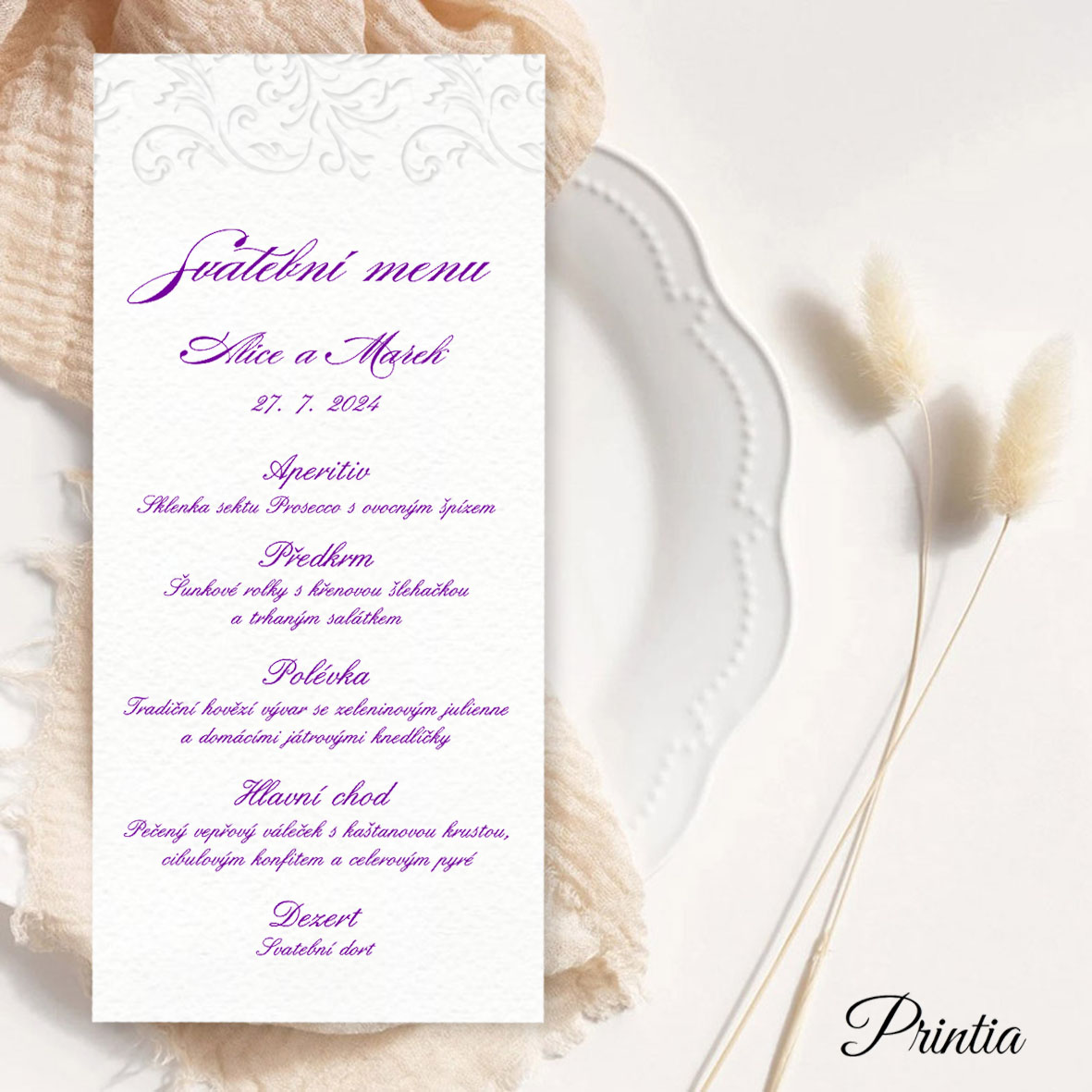 Wedding menu with embossed ornament