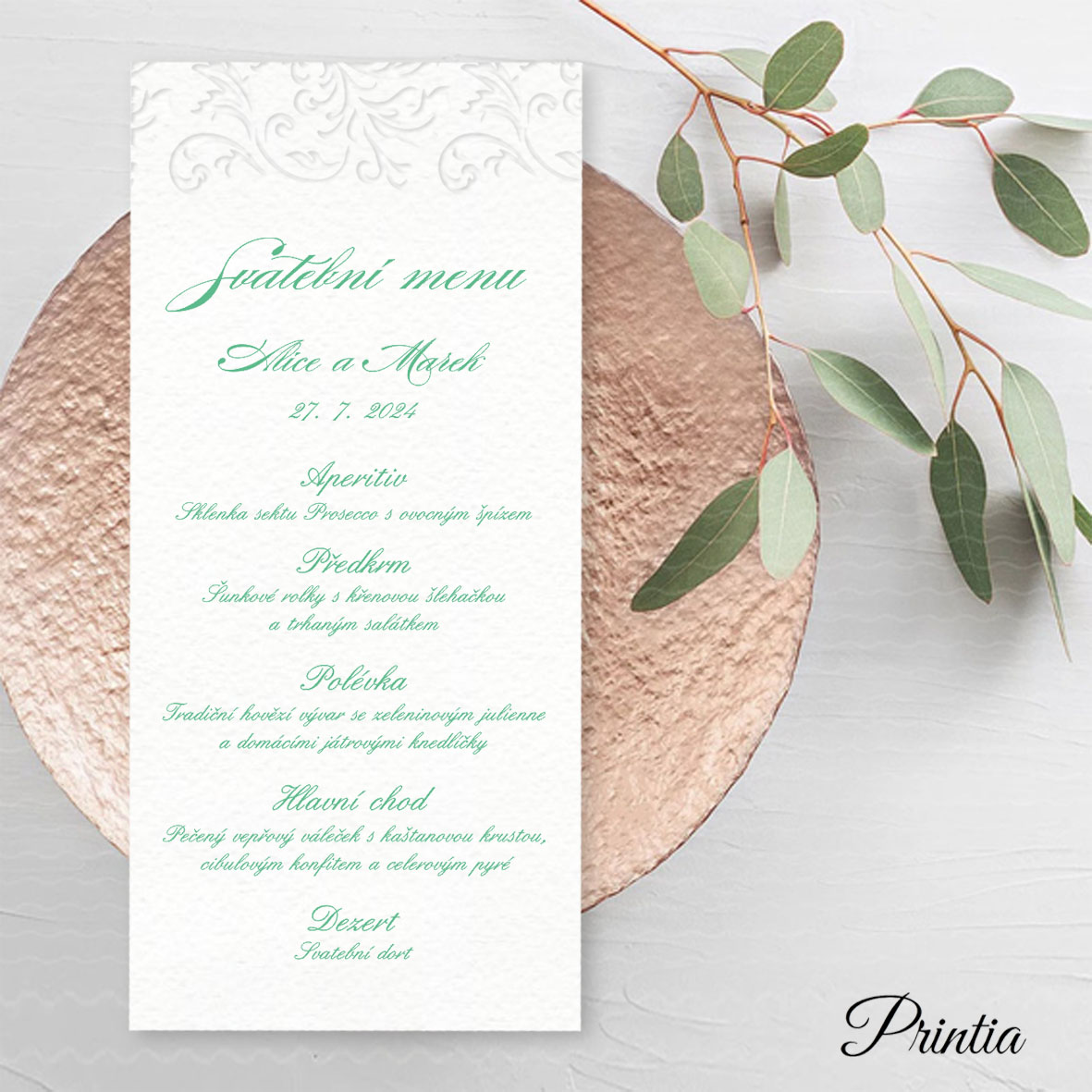 Svatební menu s reliéfním ornamentem 