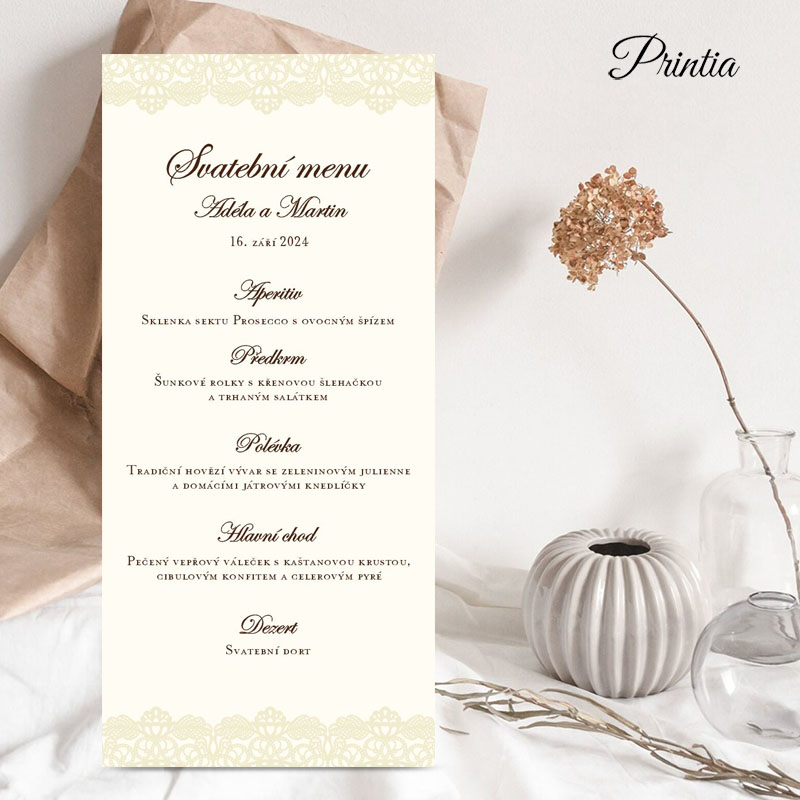 Wedding menu with printed lace