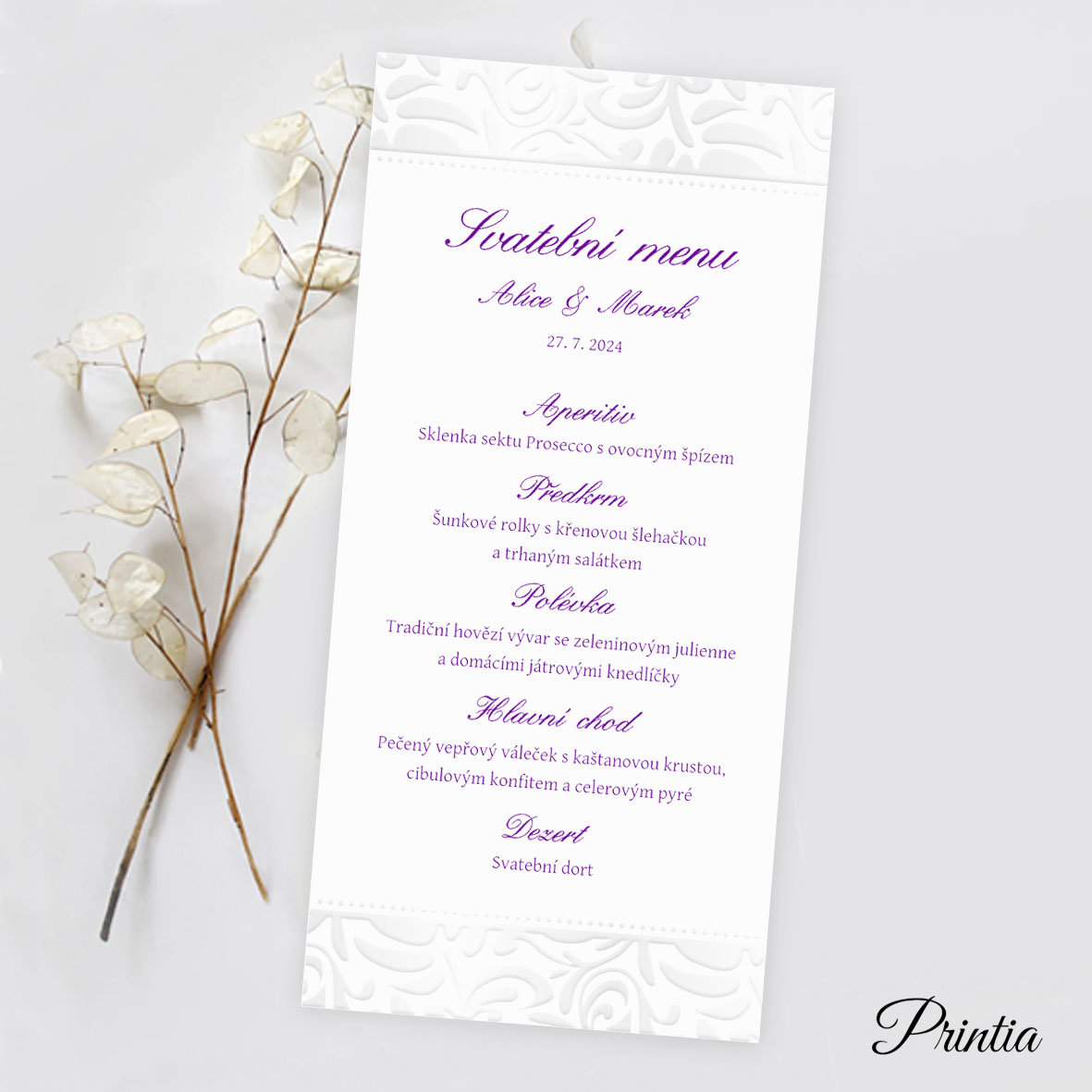 Wedding menu with pearly ornament