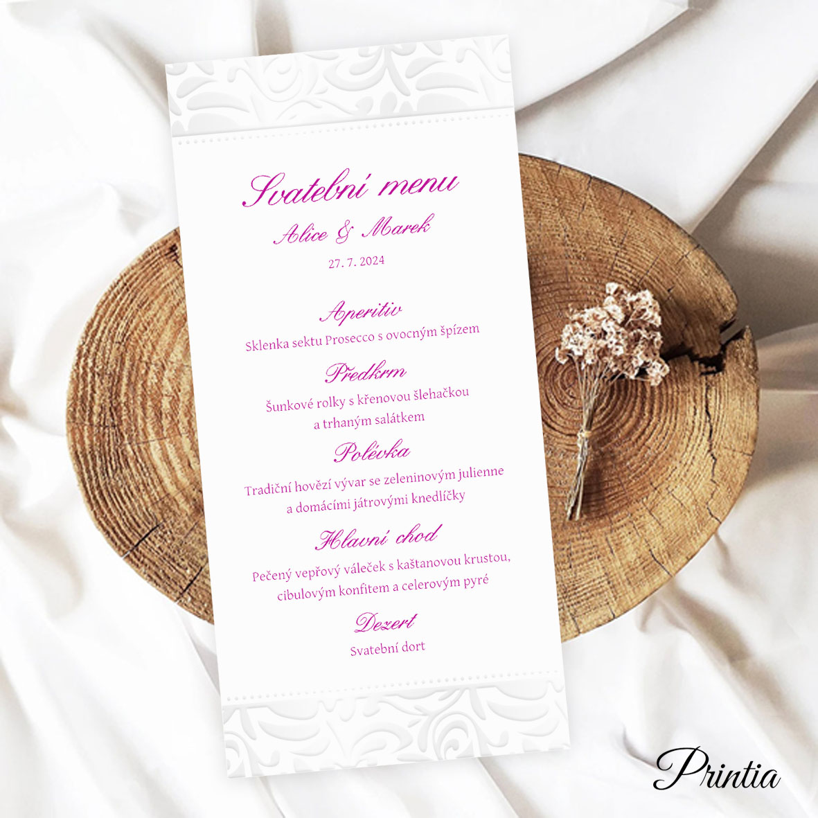 Wedding menu with pearly ornament