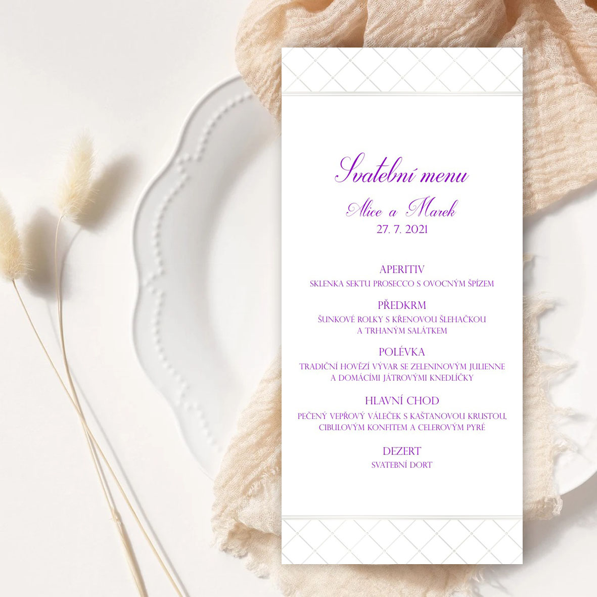 Wedding menu with shiny ornament