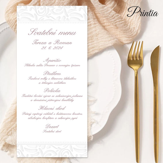 Svatební menu s lesklým perleťovým ornamentem
