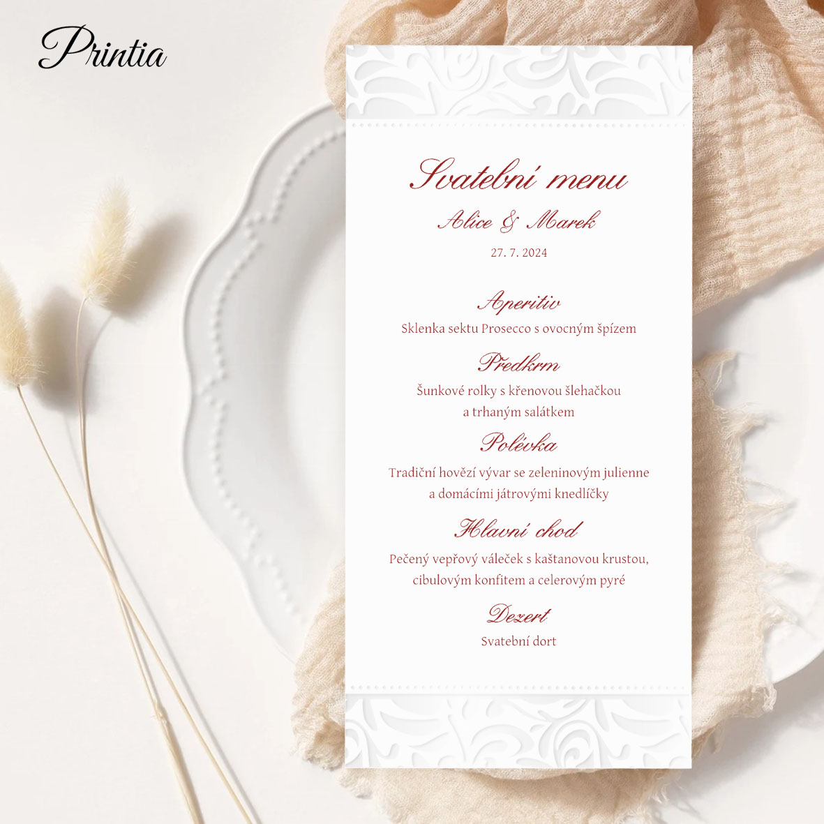 Wedding menu with shiny ornament