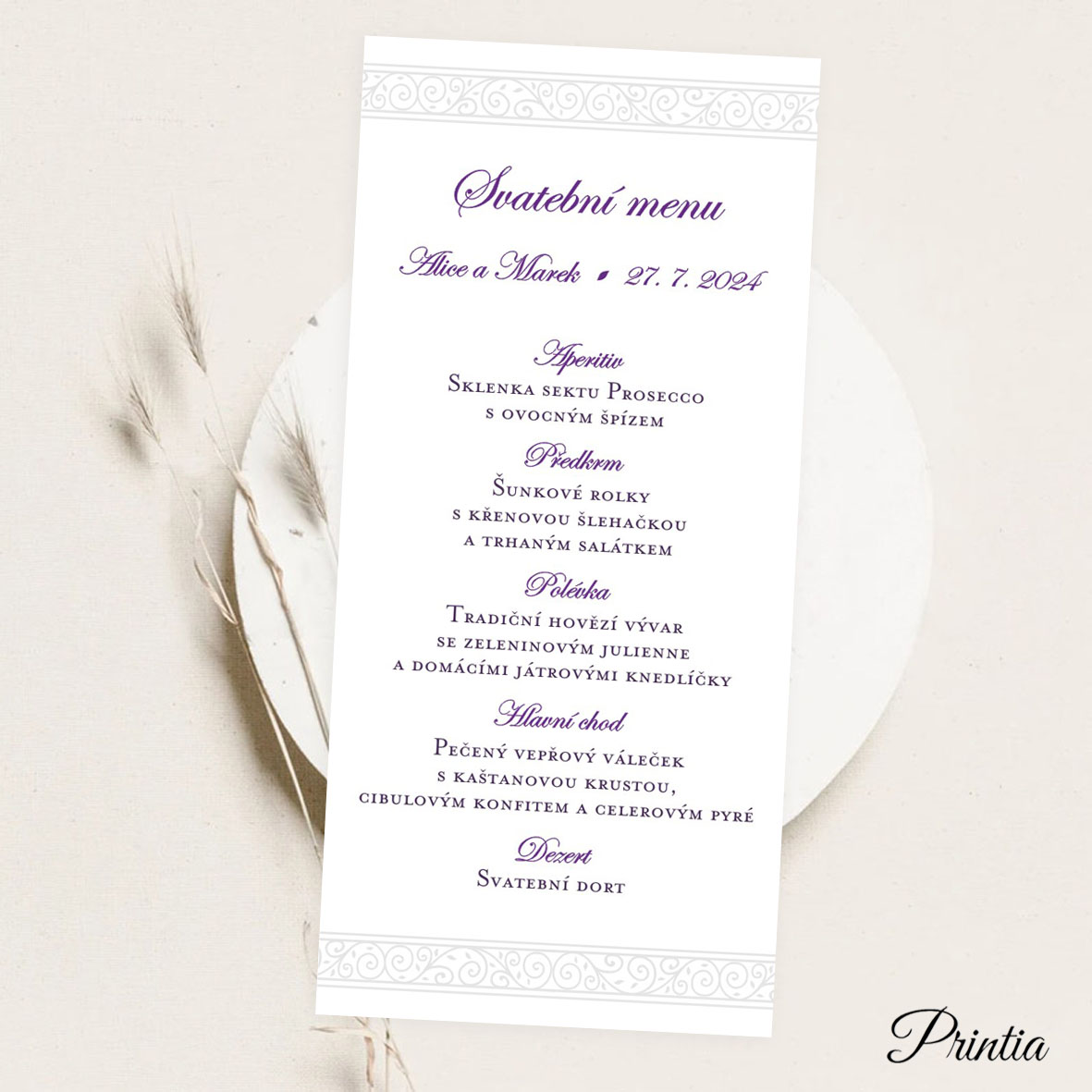 Wedding menu with printed ornament