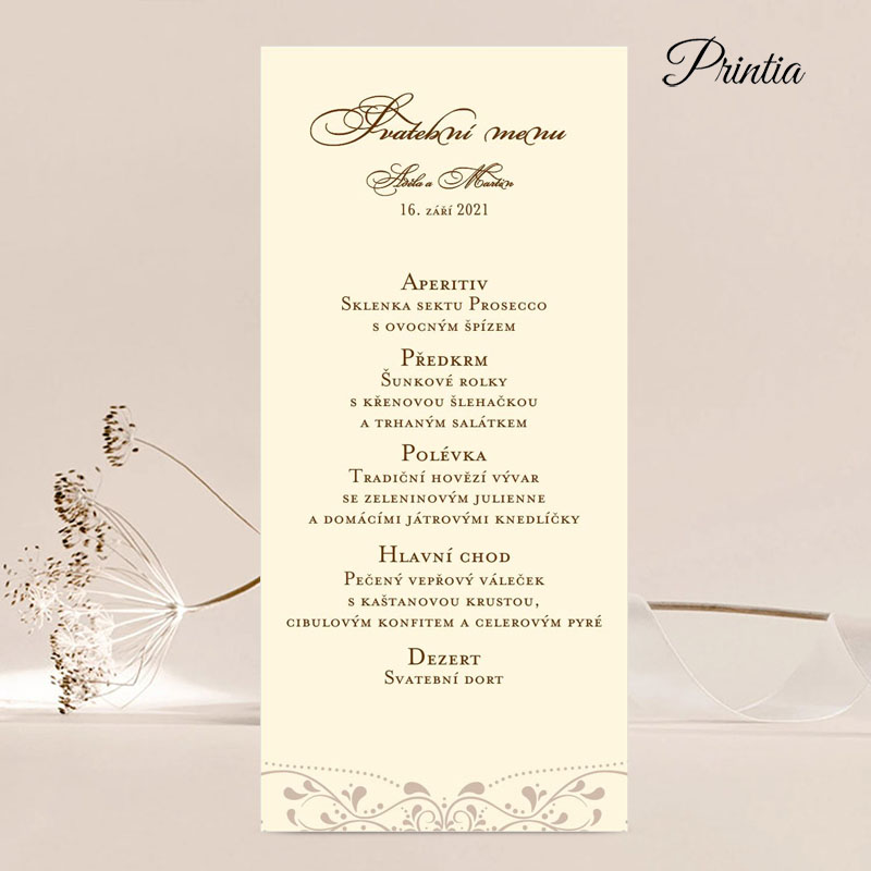 Krémové svatební menu s ornamentem