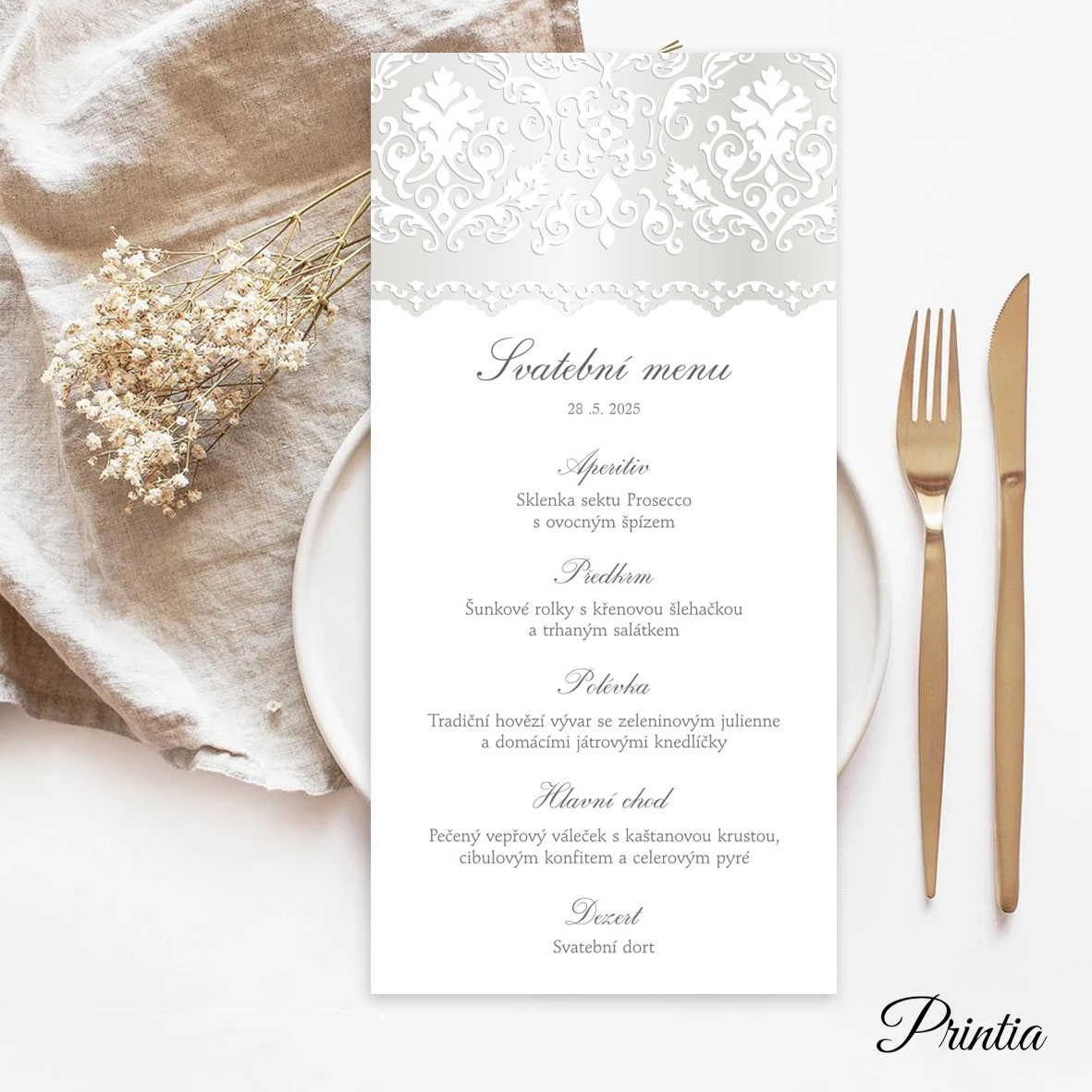 Wedding menu with pearly embossing