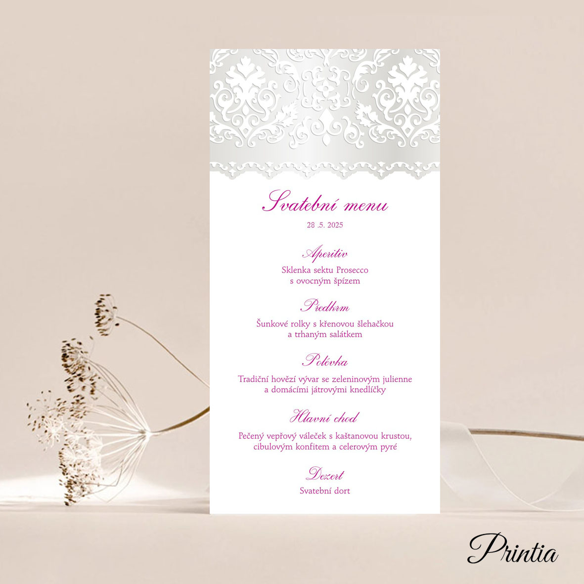 Wedding menu with embossed pearly ornament