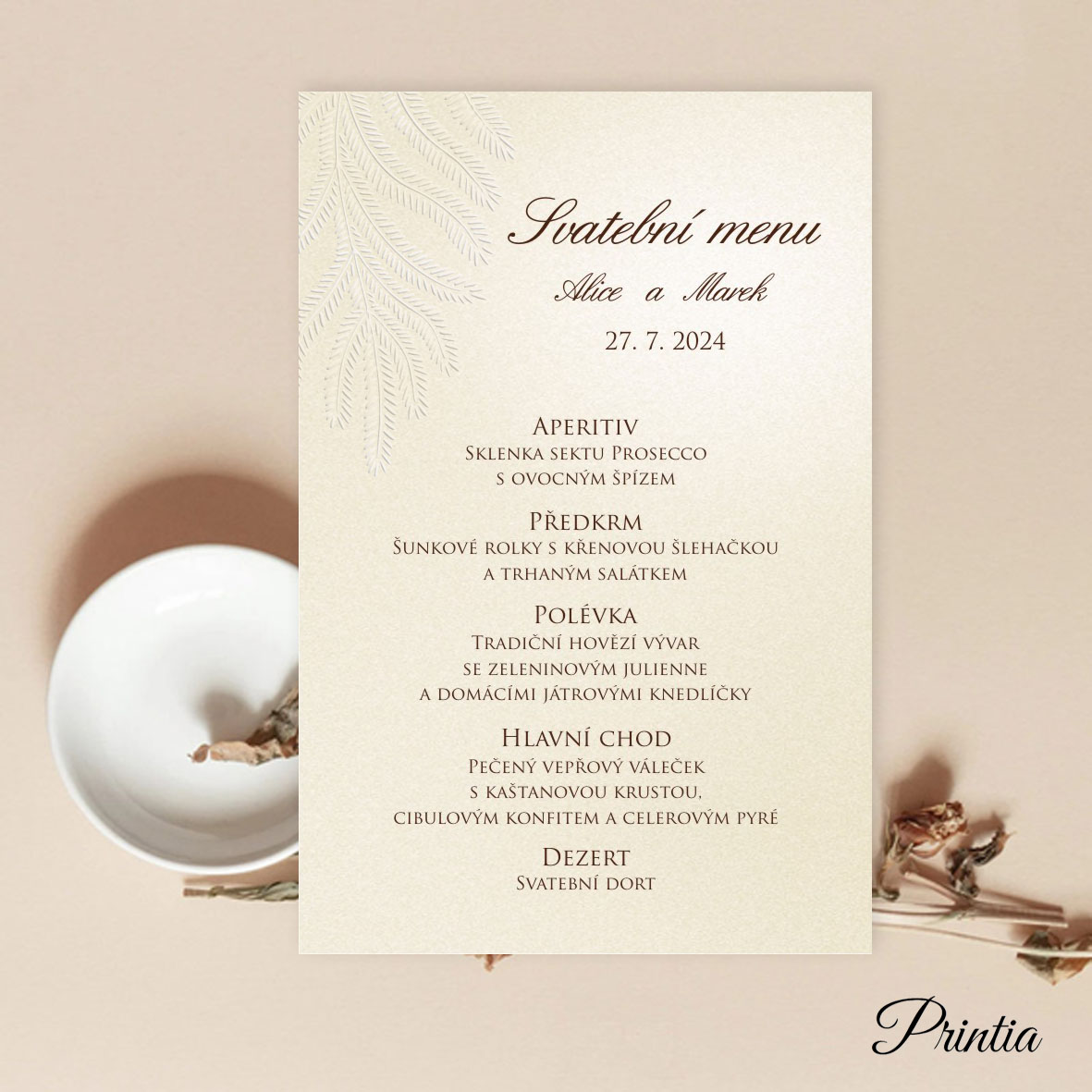 Wedding menu with feather
