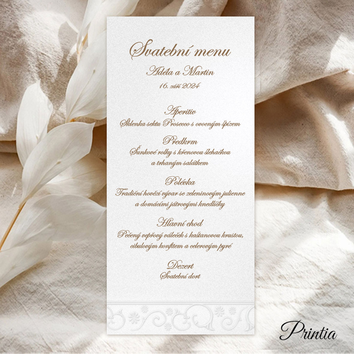 Svatební menu s tištěným ornamentem