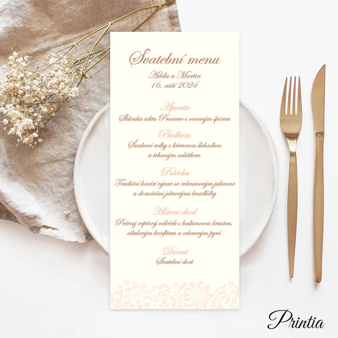 Wedding menu with apricot ornament