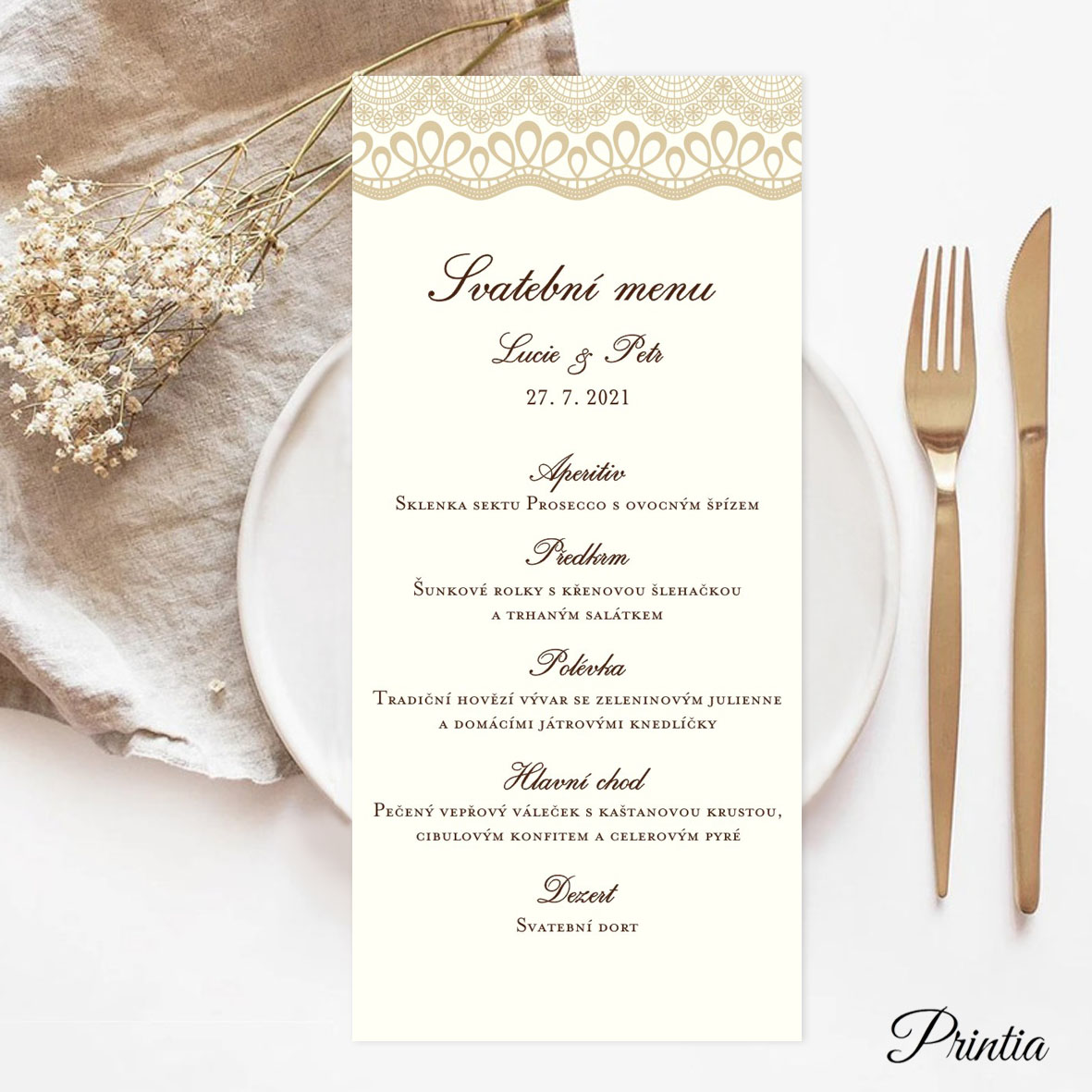 Wedding menu with lace motif