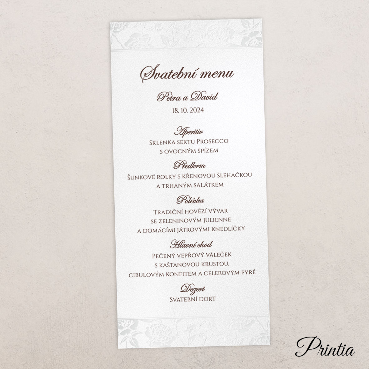 Wedding menu with debossed flowers