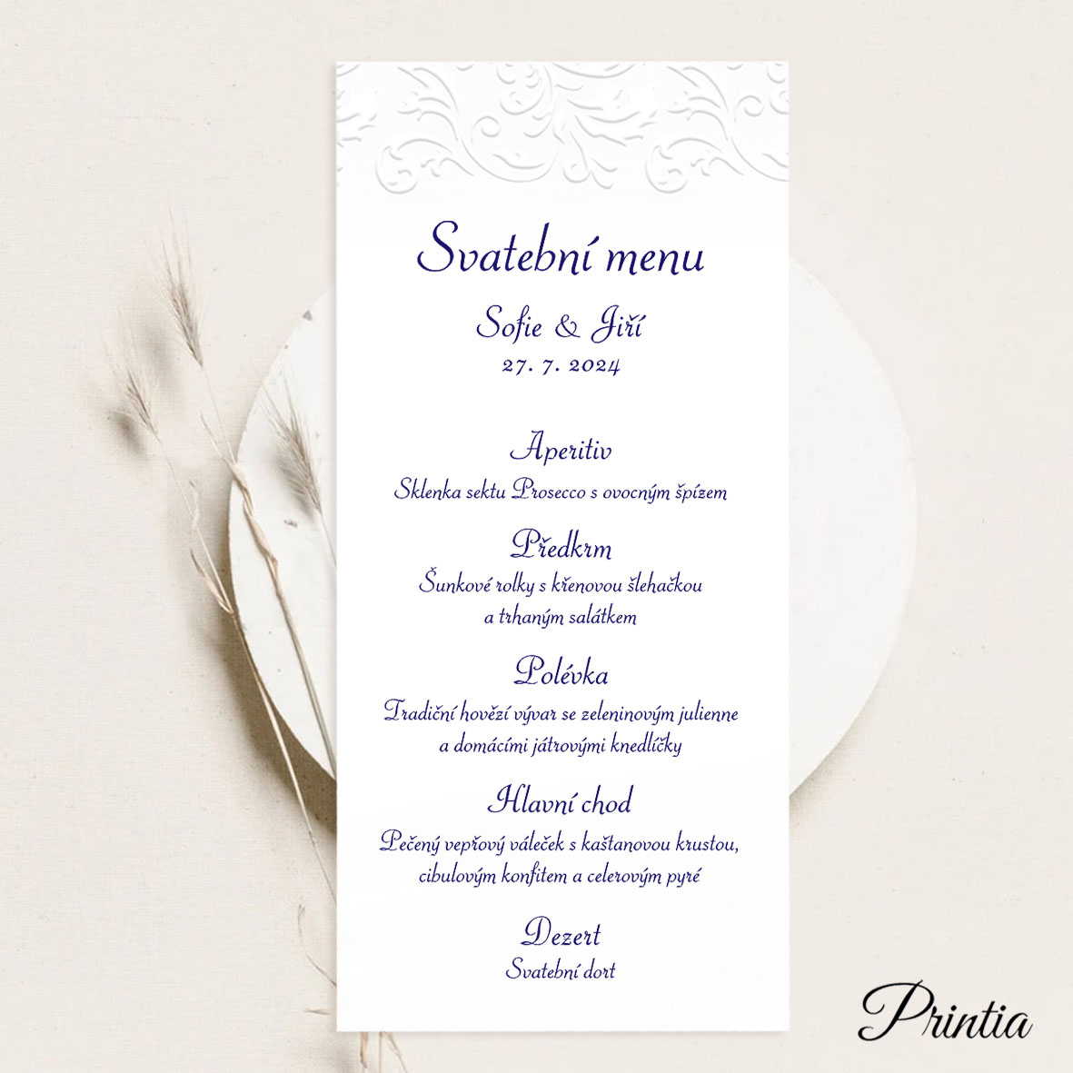 Svatební menu s reliéfním ornamentem