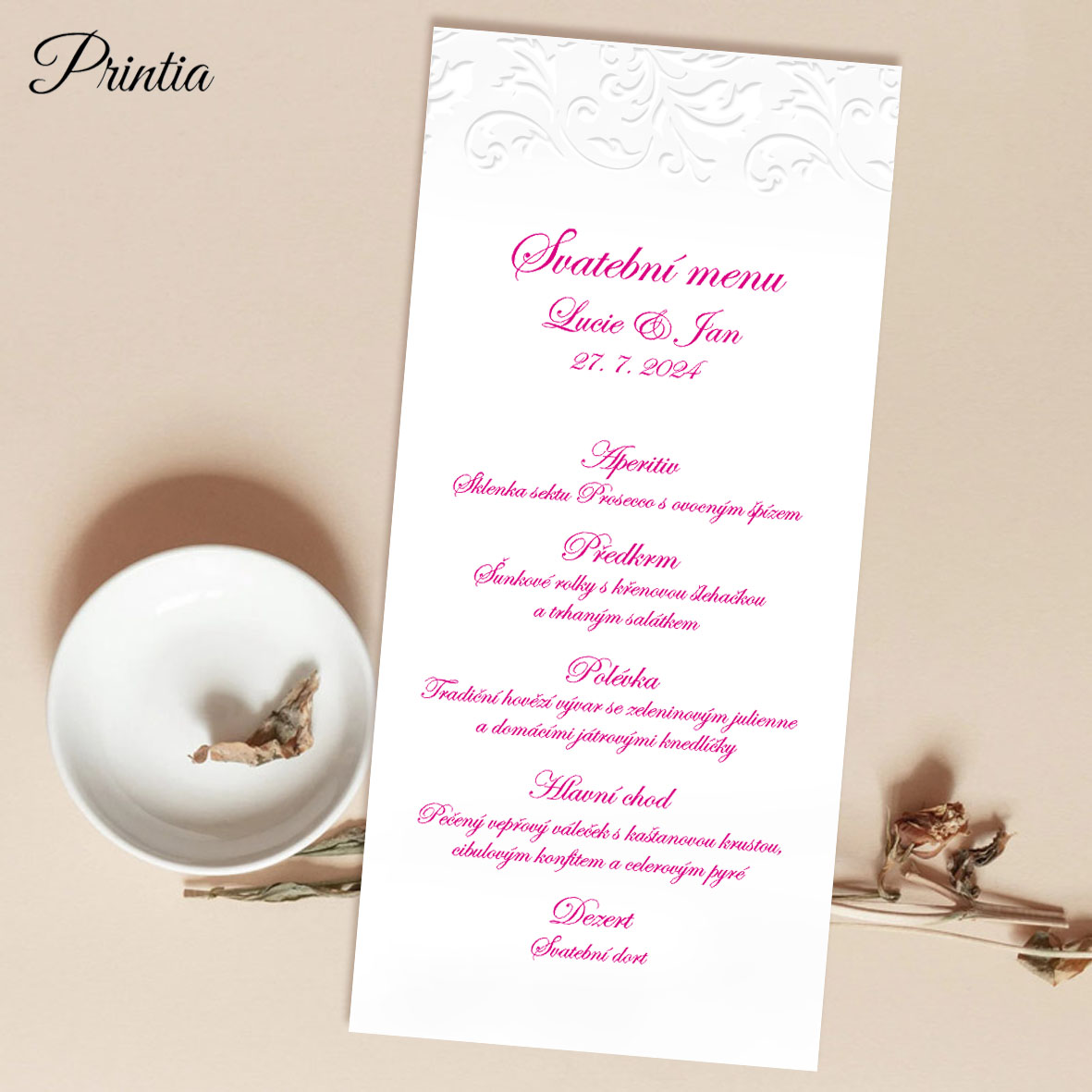 Wedding menu with relief