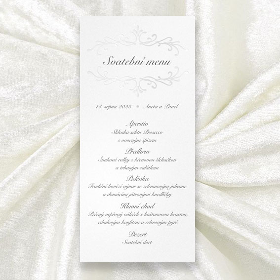 Wedding menu on pearly paper with embossing