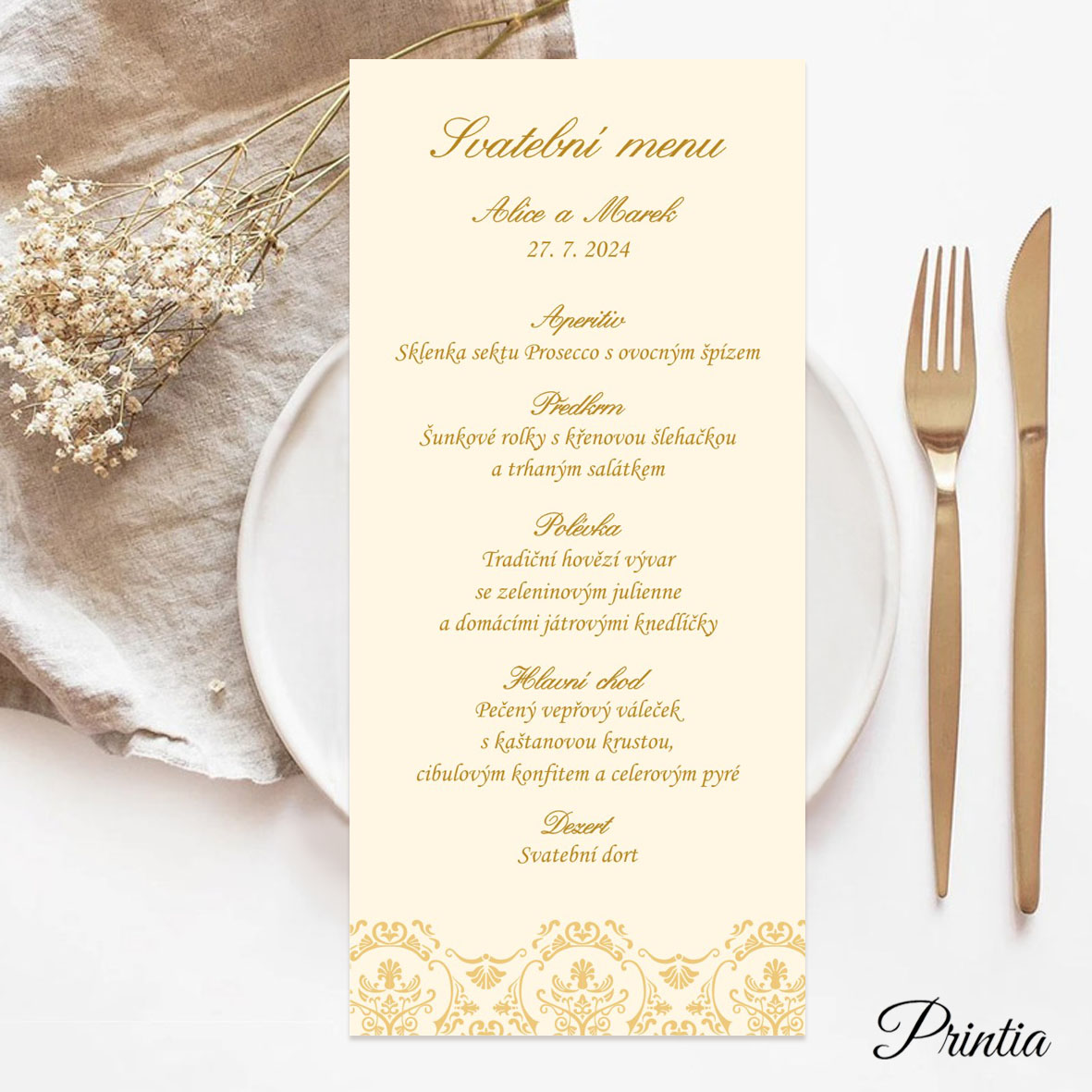Wedding menu with printed chateau pattern