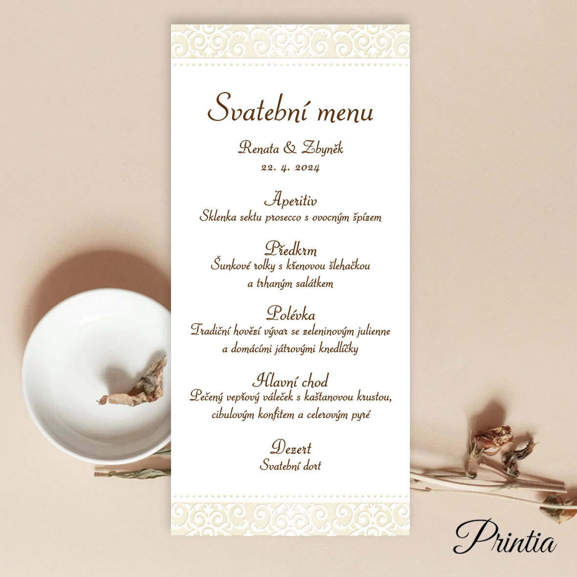 Wedding menu with shiny debossing