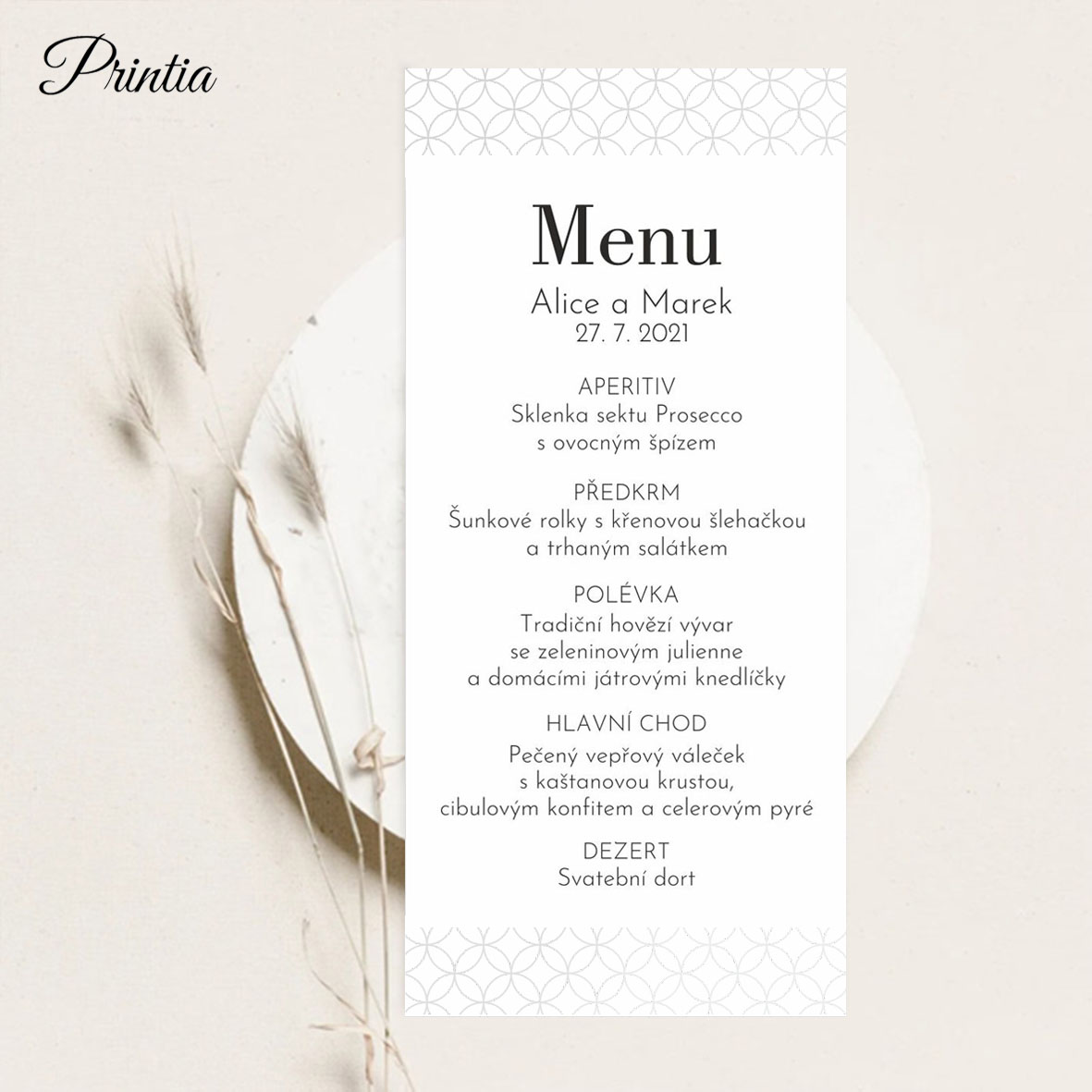 Wedding menu with pearly decor