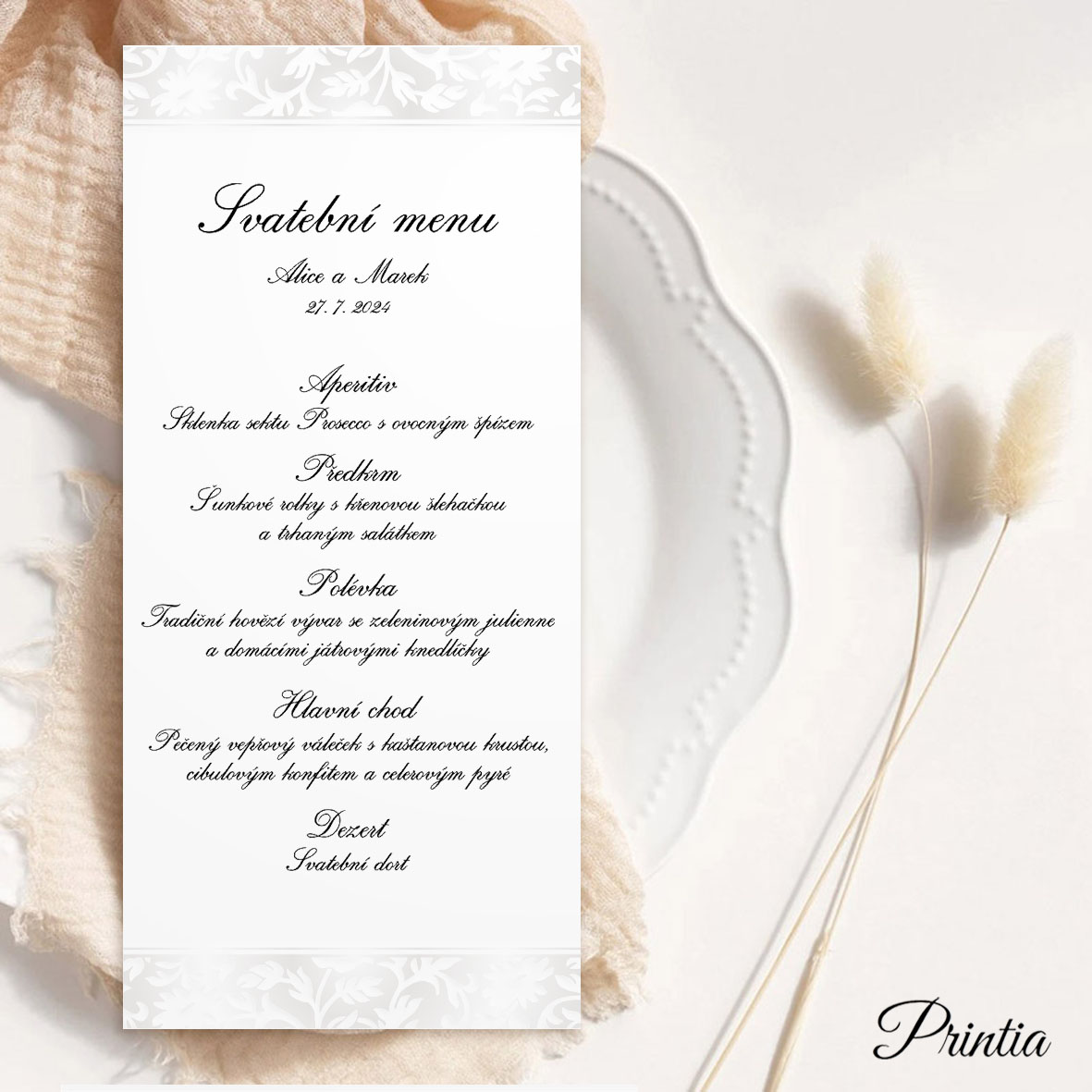 Svadobné menu s perleťovým ornamentom