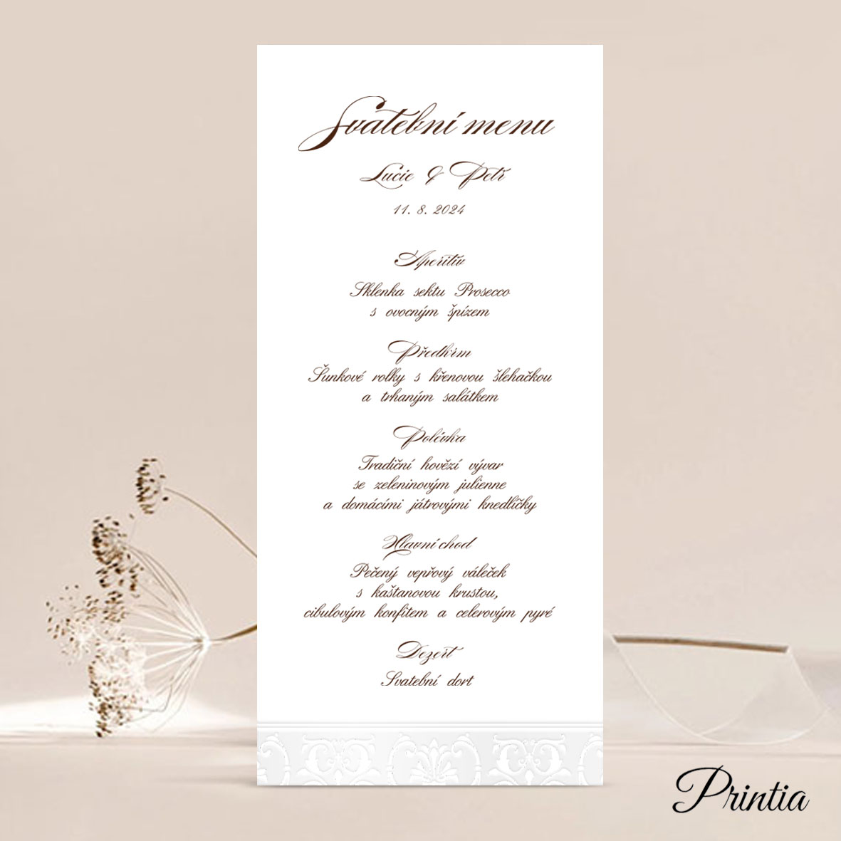 Svatební menu s perleťovým rámečkem