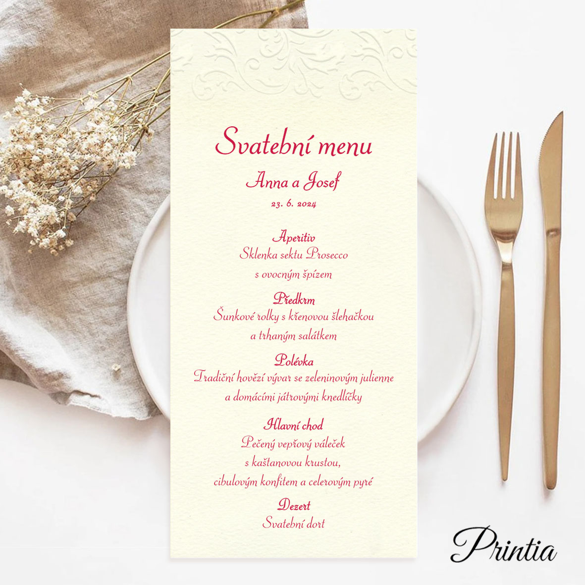 Svatební menu s vystouplým ornamentem