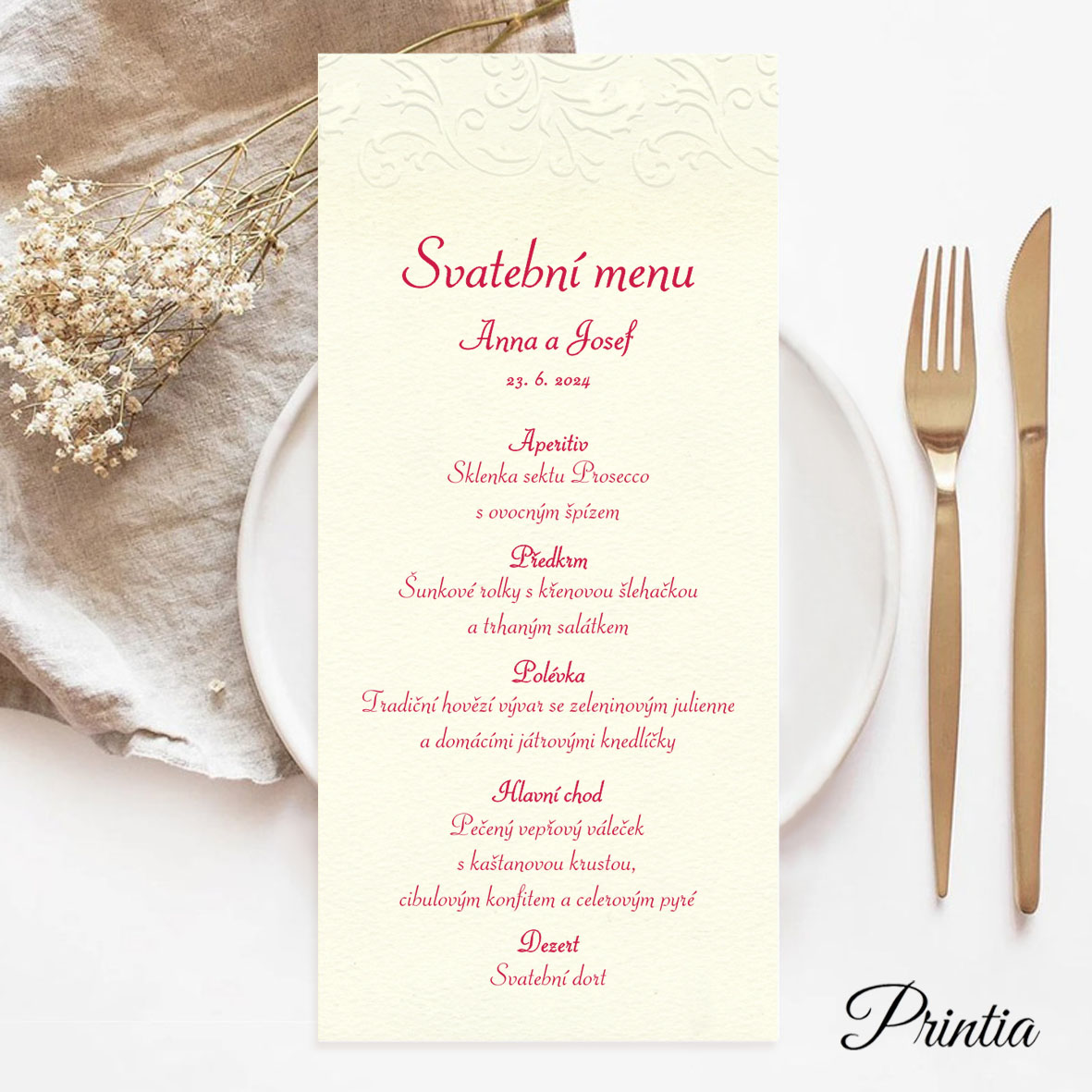 Svadobné menu s vystouplým ornamentom