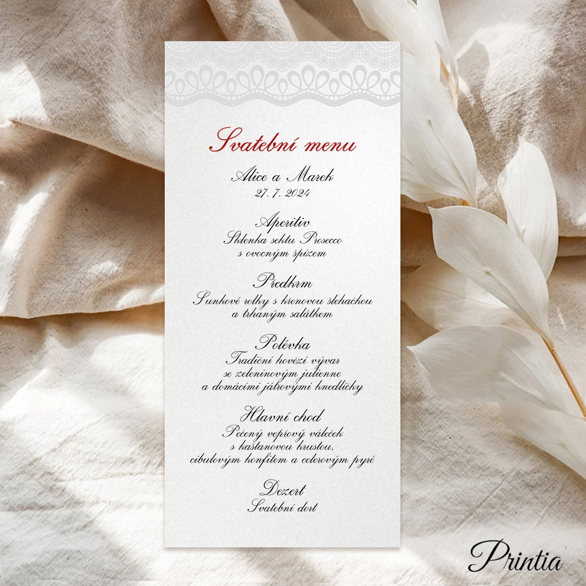 Wedding menu with lace motif