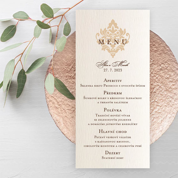 Wedding menu with glossy ornament