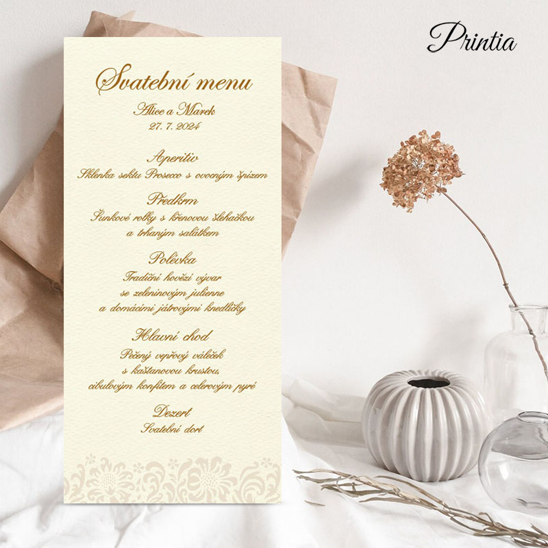 Krémové menu s tištěným ornamentem