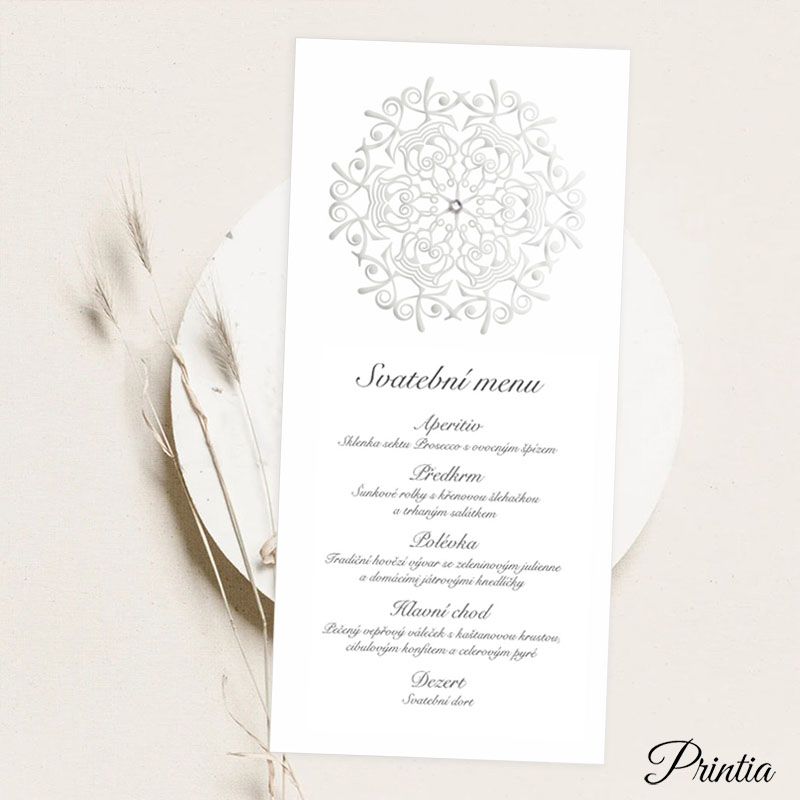 Wedding menu with embossed ornament and with stone