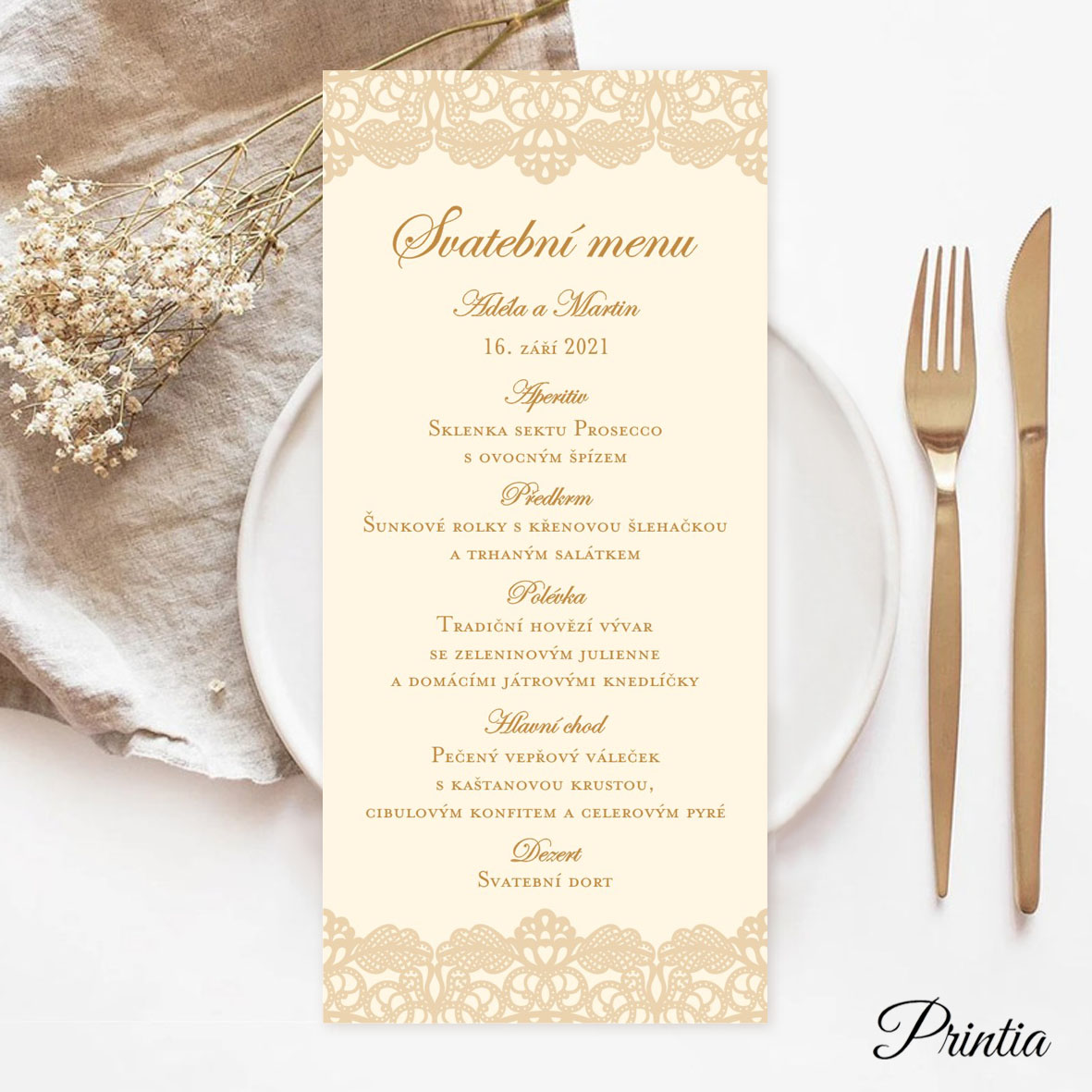 Wedding menu with printed ornament