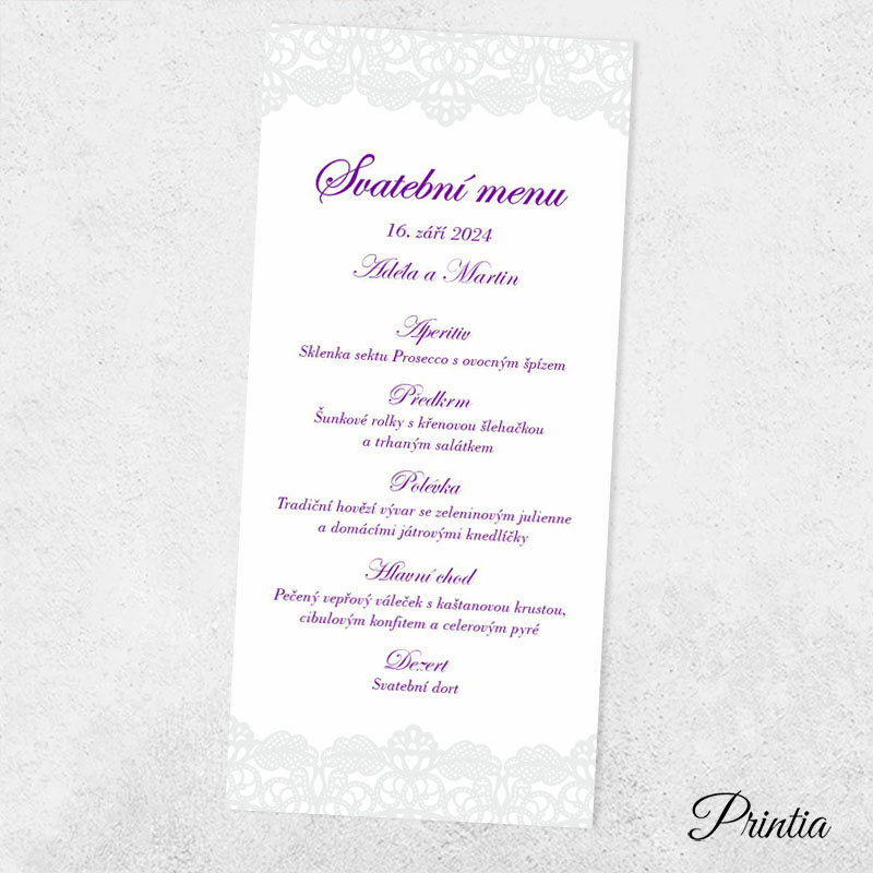 Svadobné menu s tlačeným ornamentom